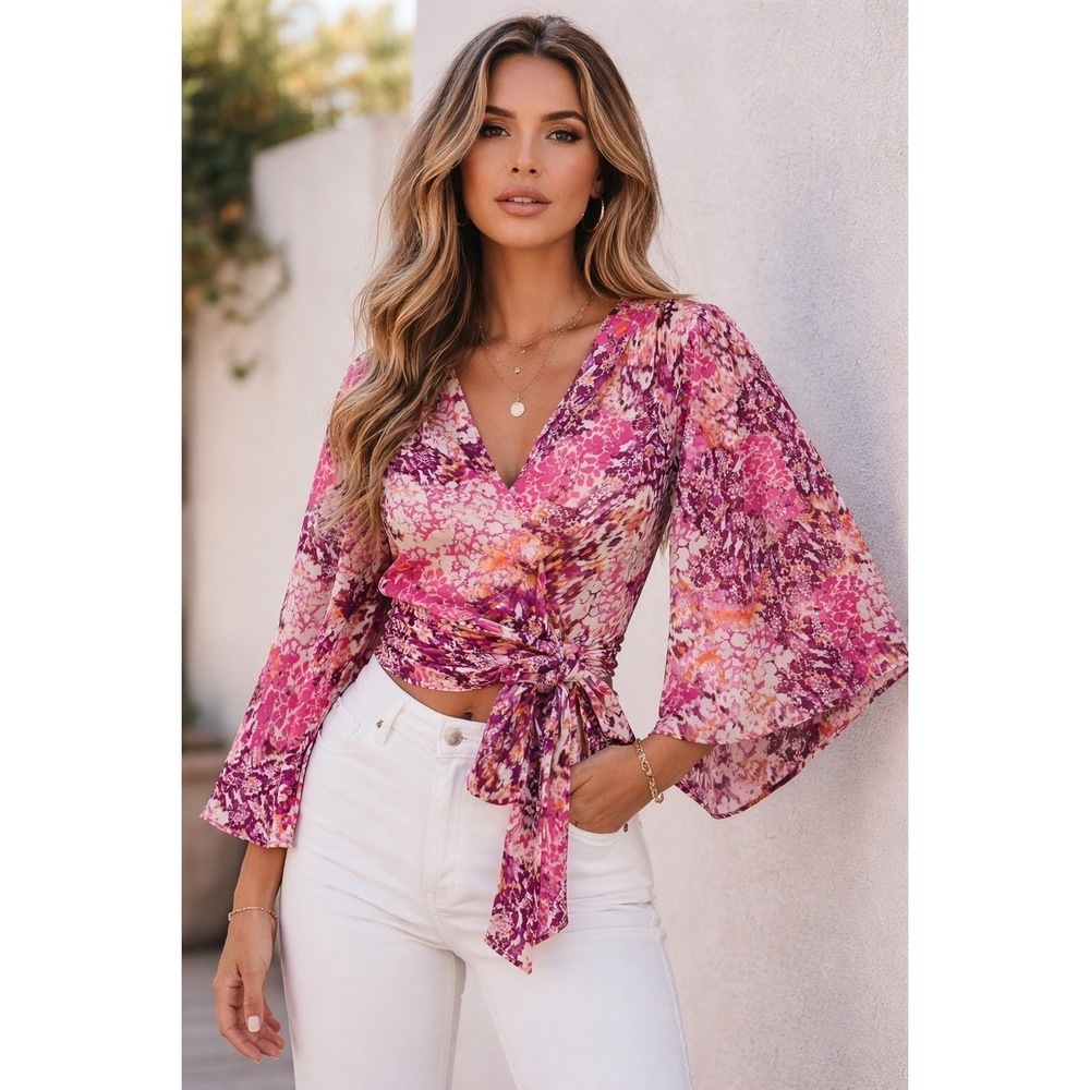 G.p.d Women's Blouse Medium Floral Print Sleeve Casual V-neck Self-tie Waist new